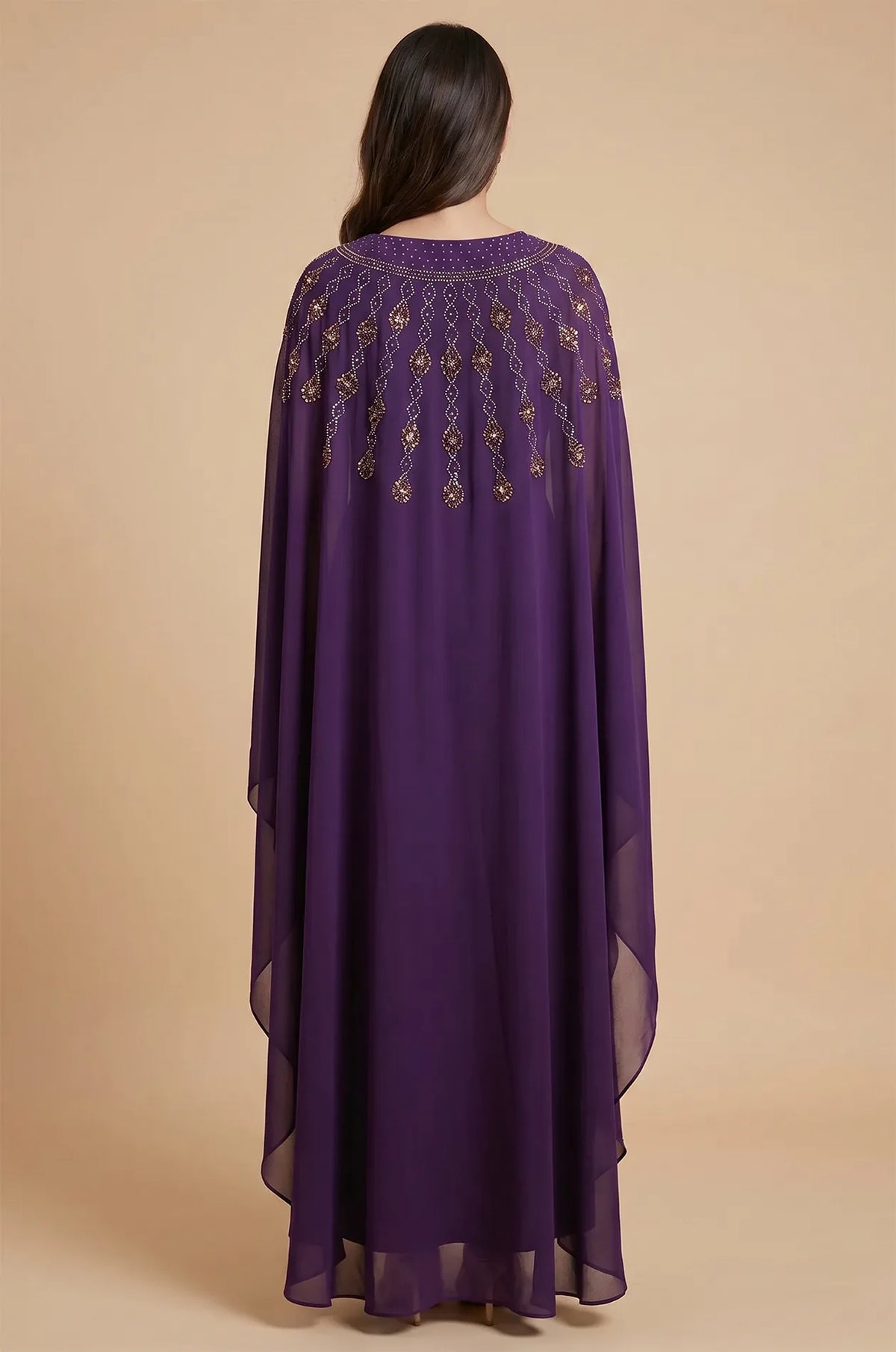Back view of the Purple Cassia Kaftan showing the continuous rhinestone pattern and cape effect.