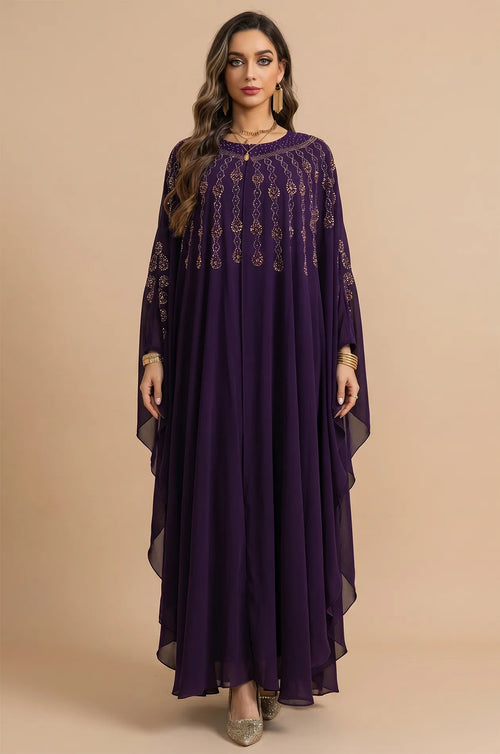 Professional studio front view of the Cassia Purple Rhinestone Kaftan against a neutral background.