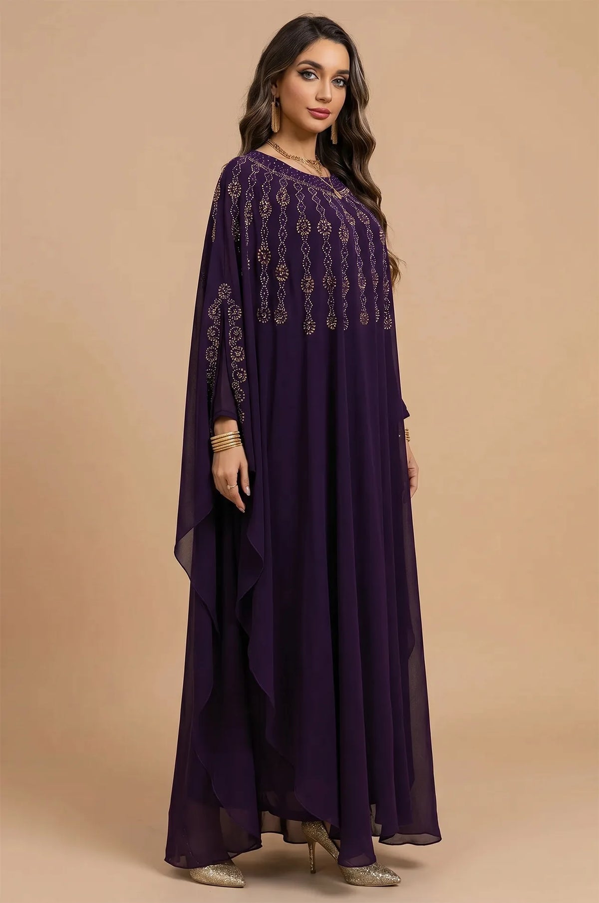 Side profile of the Purple Cassia Kaftan highlighting the layered chiffon and flowing butterfly cut.