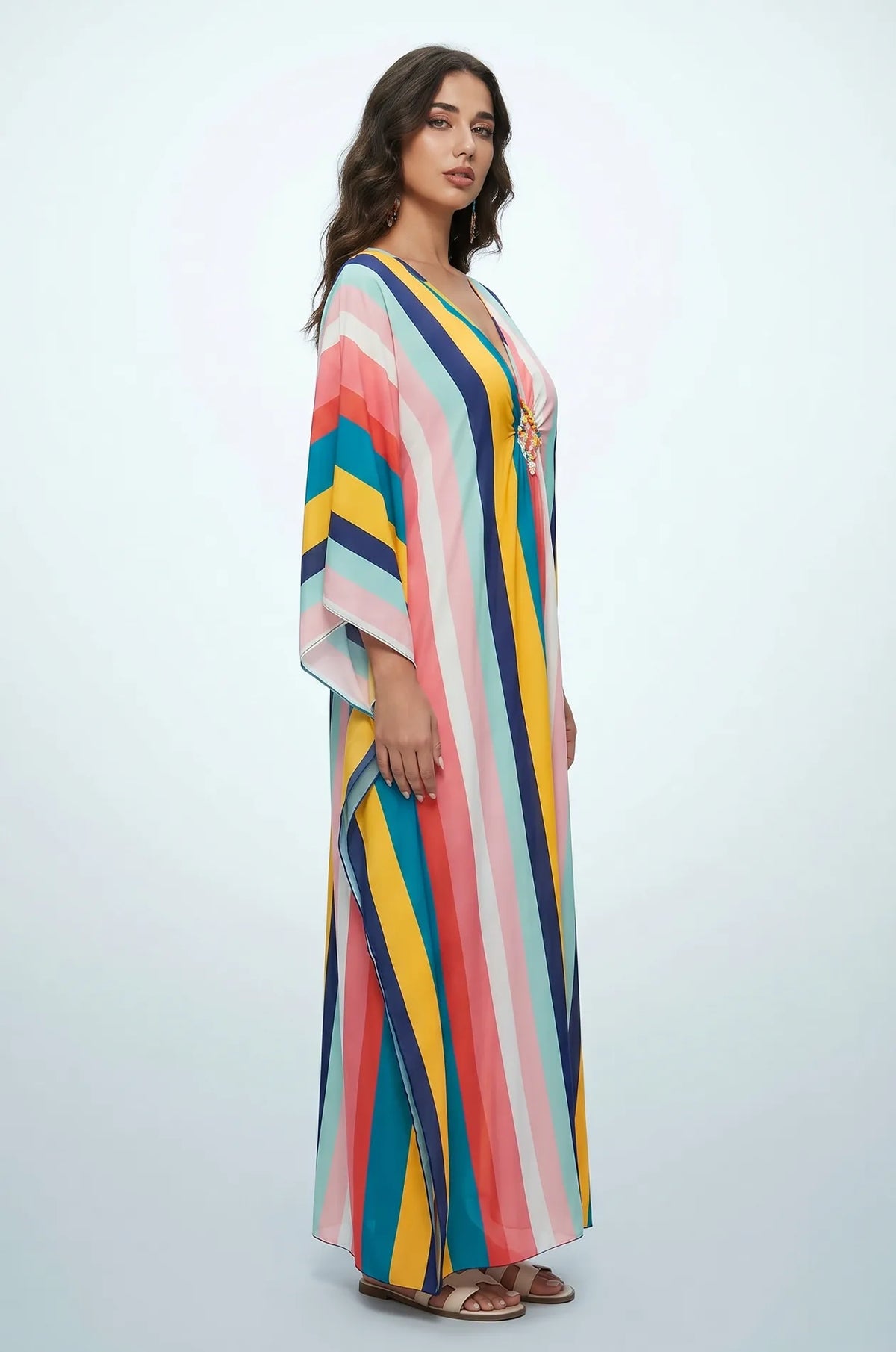 Side profile of multicolor striped rainbow kaftan with kimono sleeves