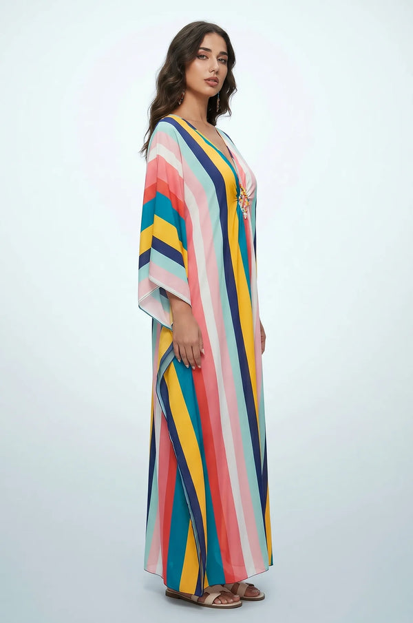 Side profile of multicolor striped rainbow kaftan with kimono sleeves