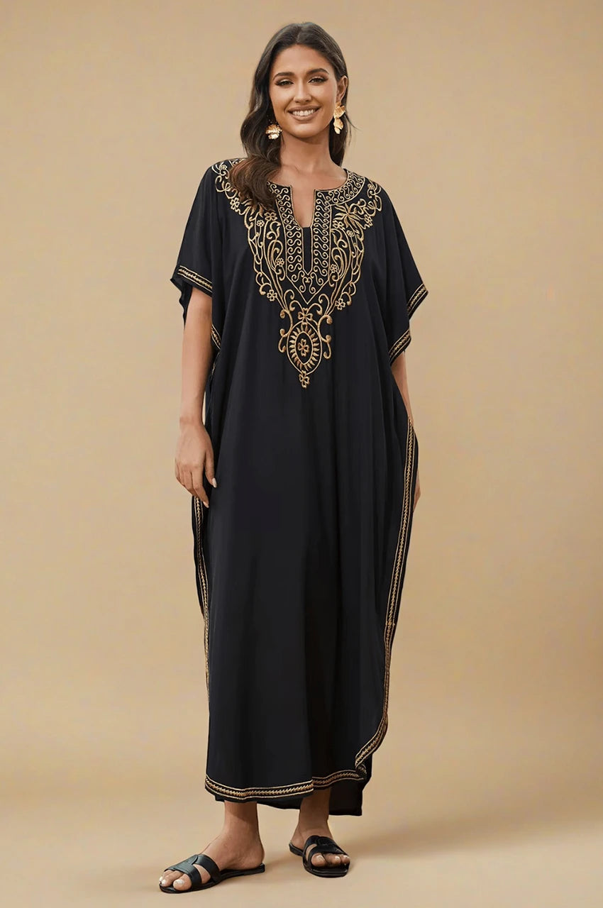 Front view of Ralia black Chikankari kaftan with gold embroidery