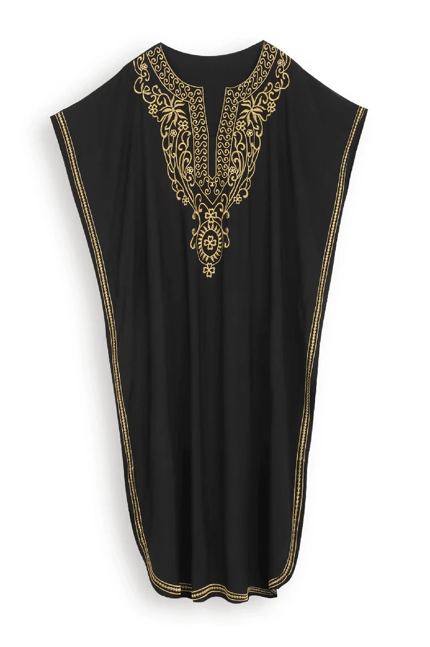Hanging front shot of Ralia black kaftan with embroidery