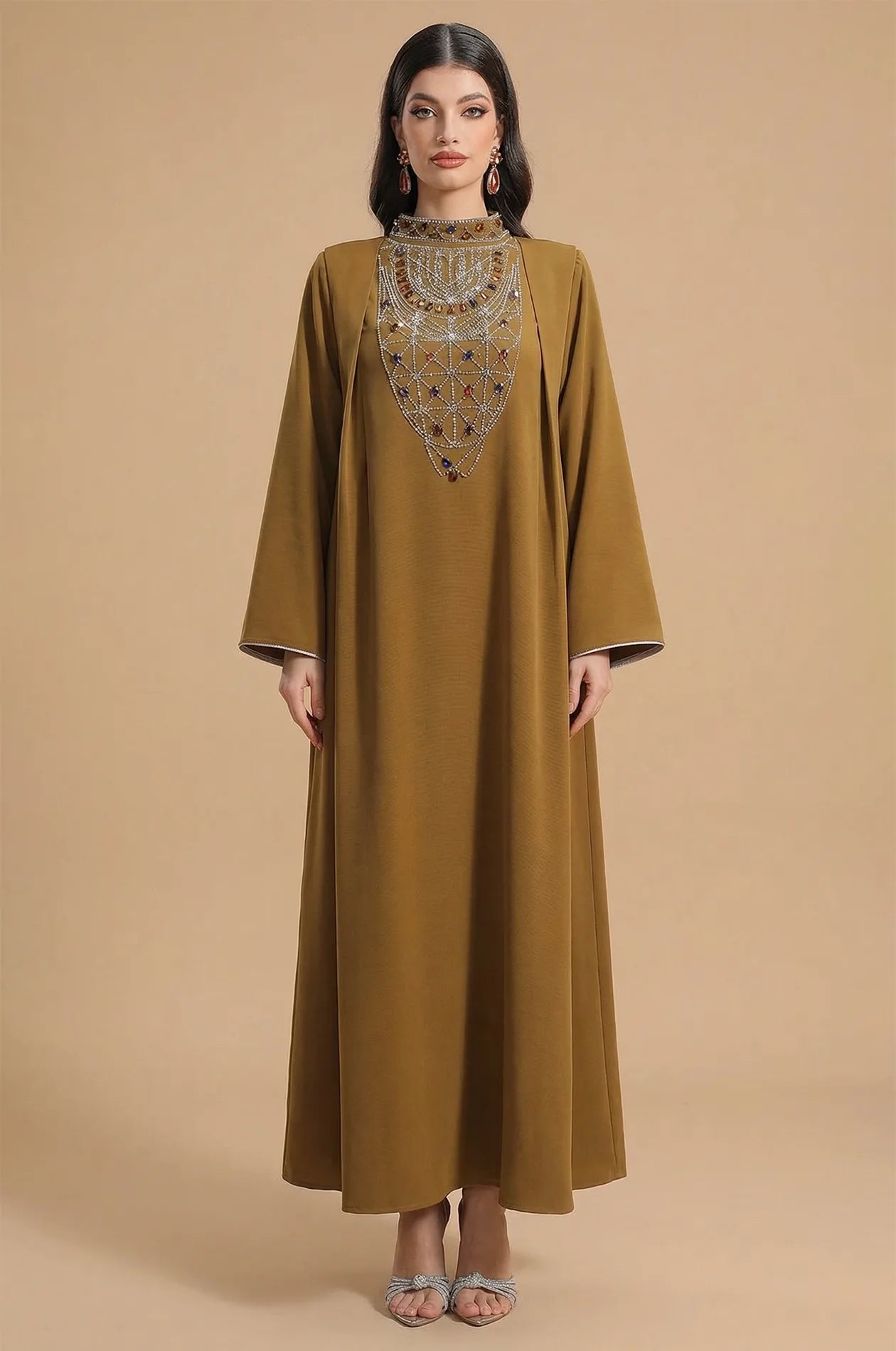 Full front view of the Rami brown crystal kaftan with beaded bodice.