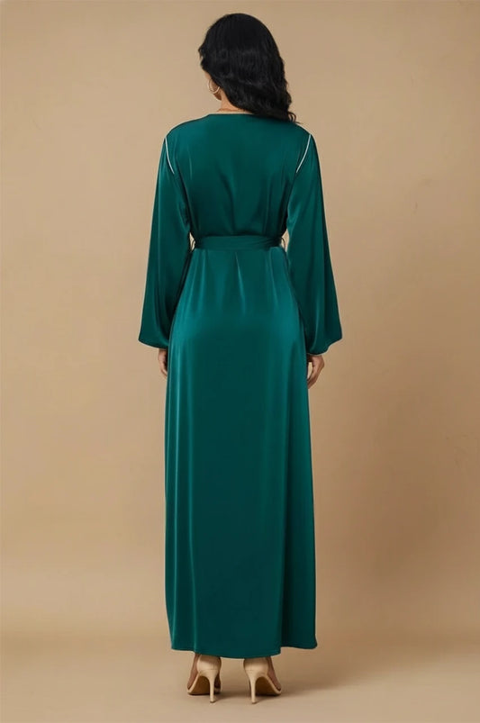 Ranya dark green cotton long kaftan back view with waist tie belt
