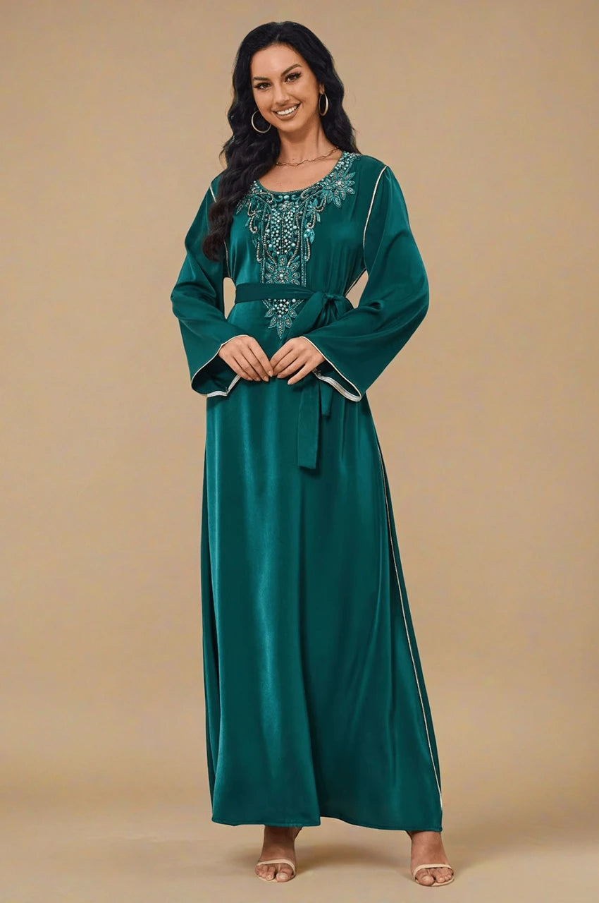 Ranya dark green cotton long kaftan front embroidery