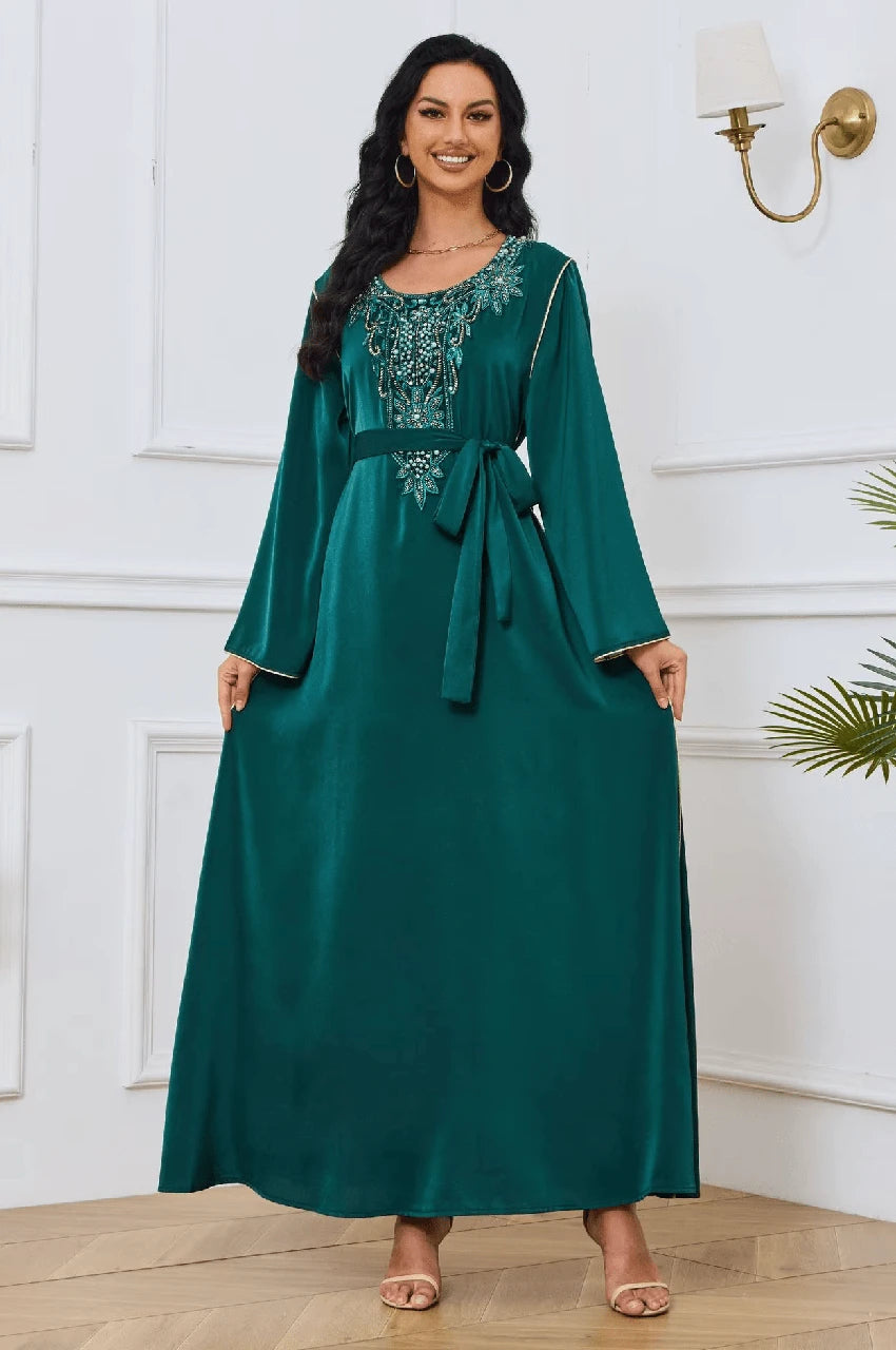 Elegant dark green Ranya cotton long kaftan showing embroidered chest and waist tie