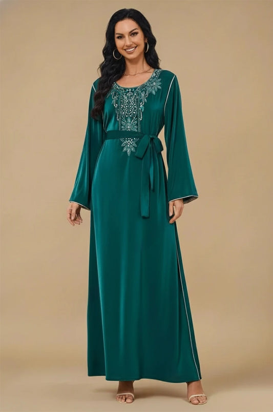 Ranya dark green cotton long kaftan front view with embroidered neckline