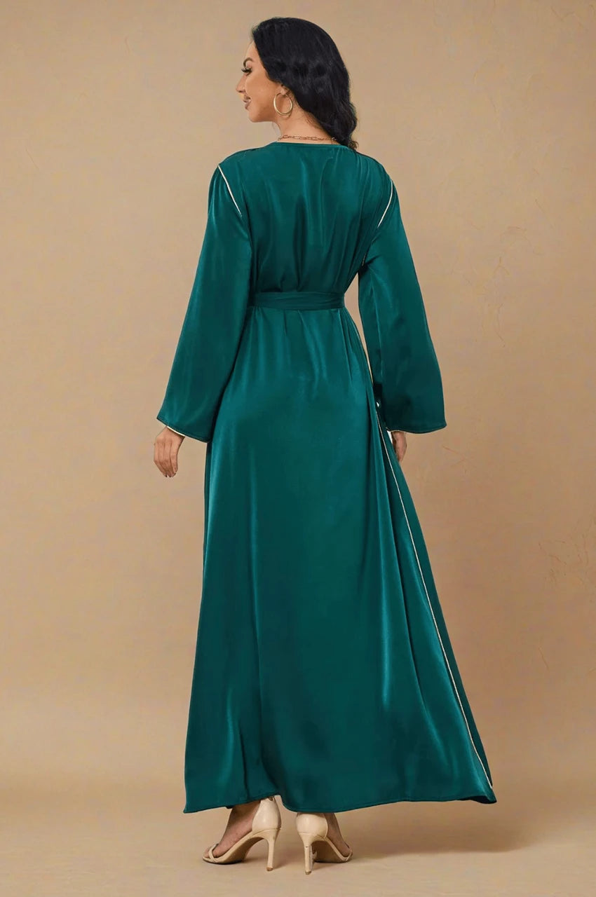 Ranya dark green cotton long kaftan studio back shot showing full-length fit
