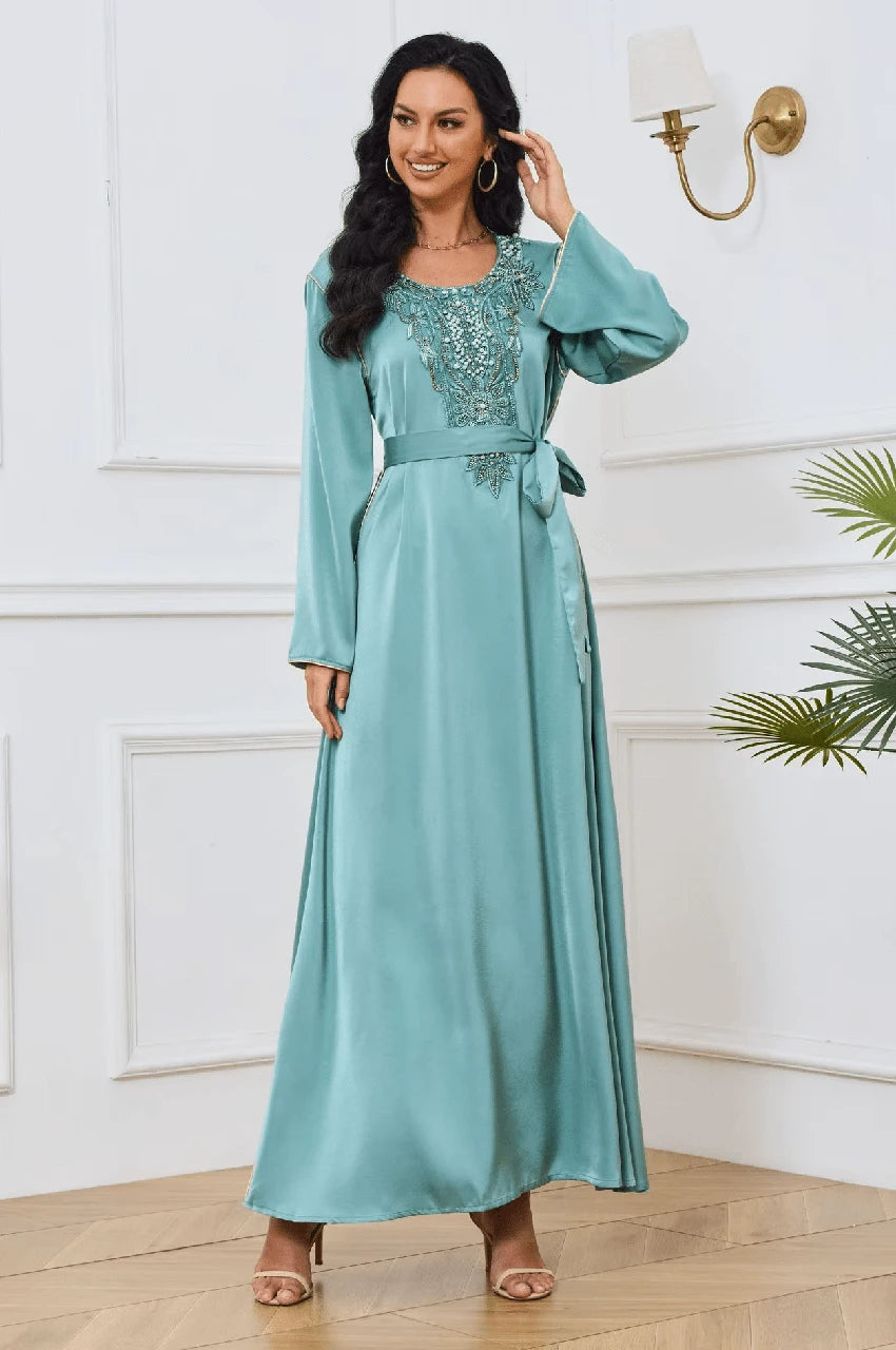 Elegant full-length Ranya light blue cotton kaftan for women