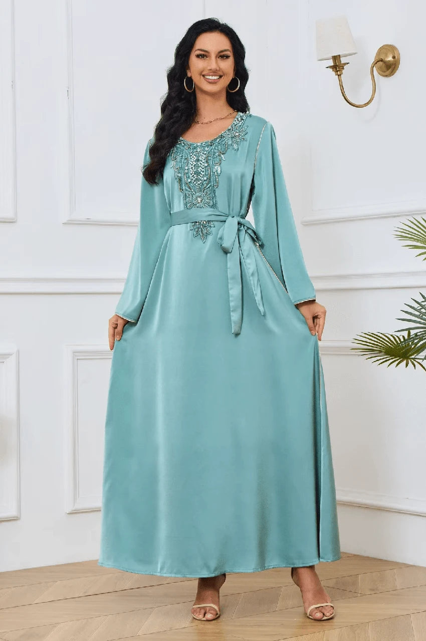 Model wearing Ranya light blue cotton long kaftan front view