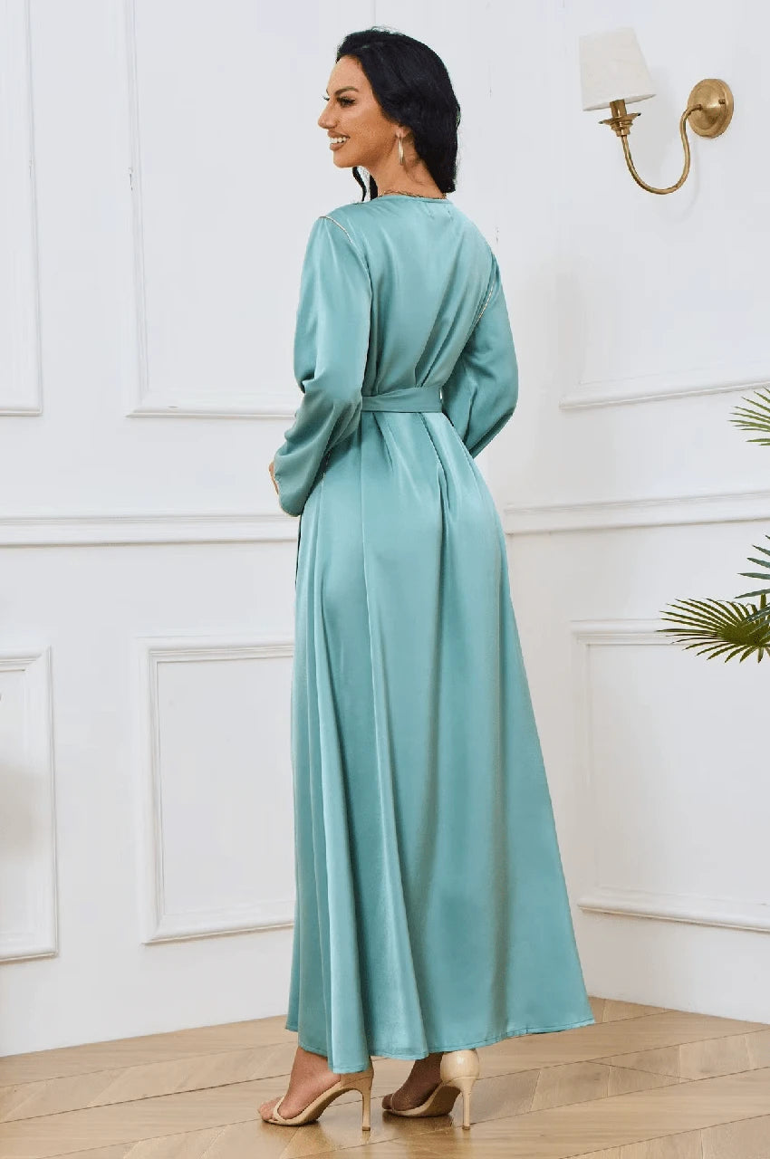 Side angle of Ranya light blue cotton long kaftan flowy design