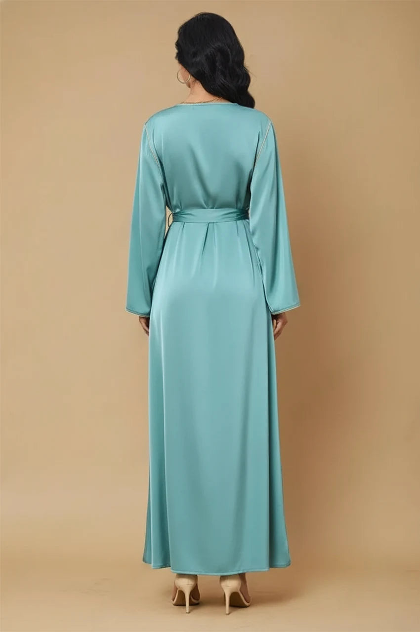 Ranya light blue cotton long kaftan back view with matching belt