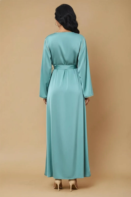 Ranya light blue cotton long kaftan back view with matching belt