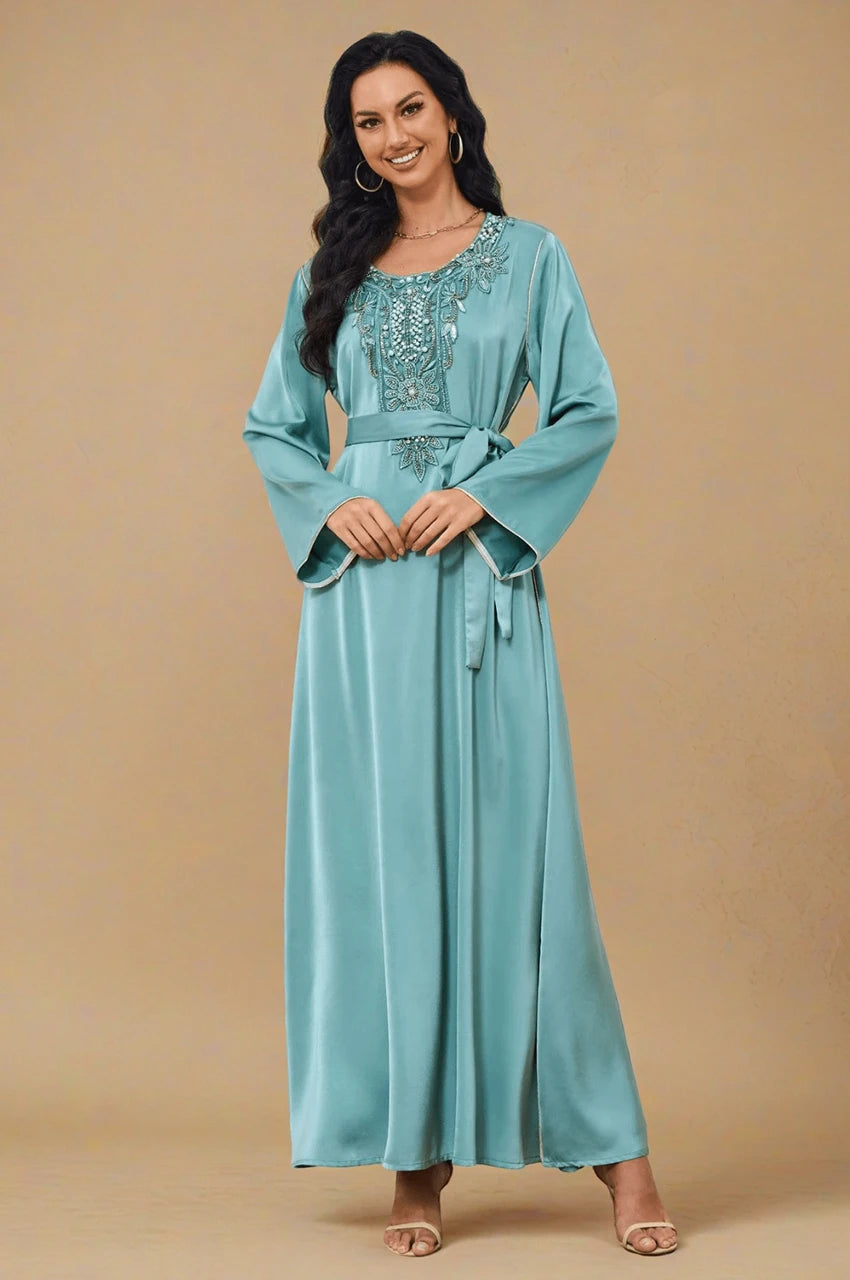 Ranya light blue cotton long kaftan with detailed embroidered neckline