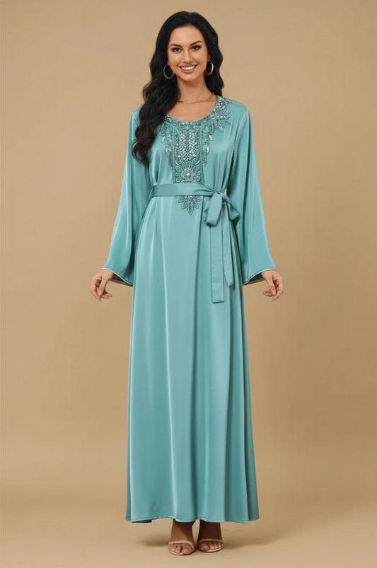 Ranya light blue cotton long kaftan with embroidered front – full-length front view