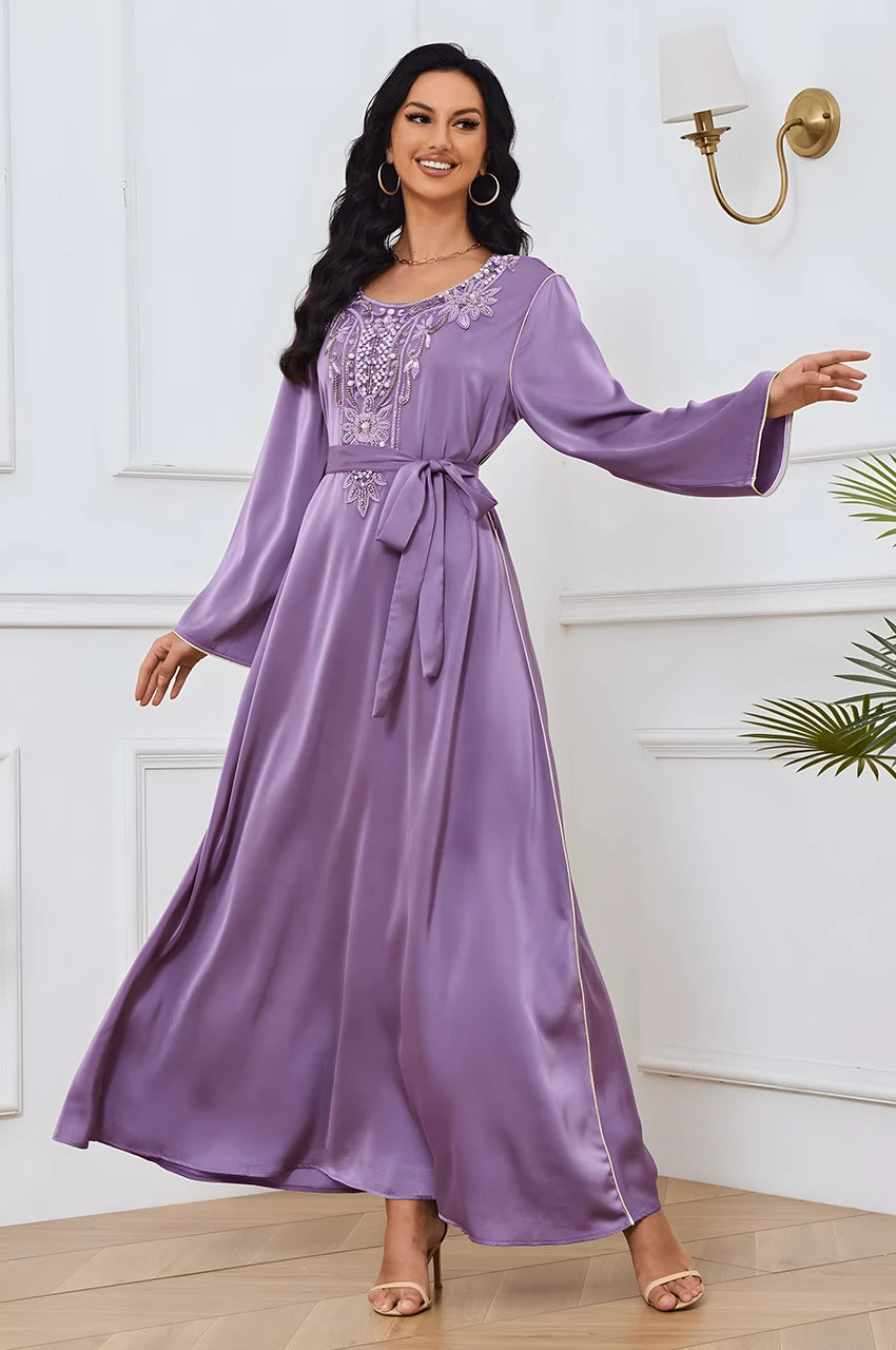 Close-up of embroidered bodice on Ranya purple cotton long kaftan