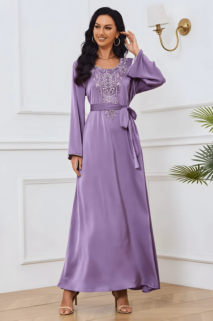 Front view of purple Ranya cotton long kaftan with detailed embroidered neckline