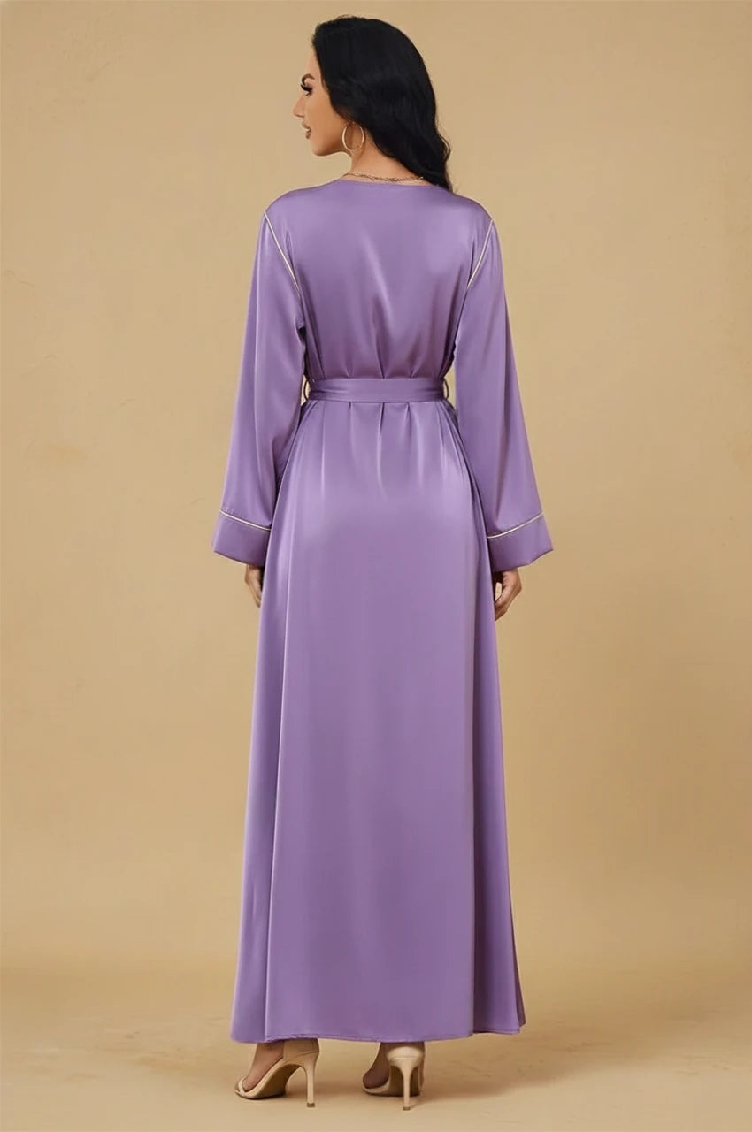 Back view of Ranya purple cotton long kaftan with adjustable belt
