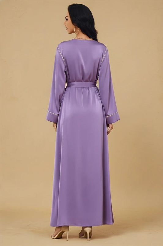 Back view of Ranya purple cotton long kaftan with adjustable belt