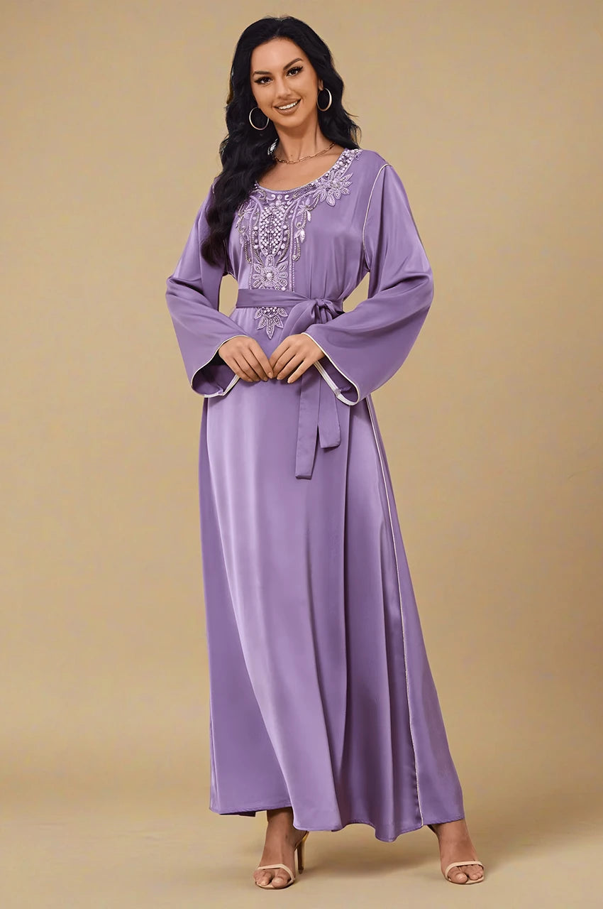 Elegant front view of Ranya purple cotton long kaftan with detailed embroidery