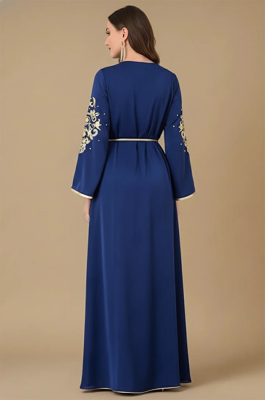 Rayah blue and gold kaftan back design with gold embroidered sleeves
