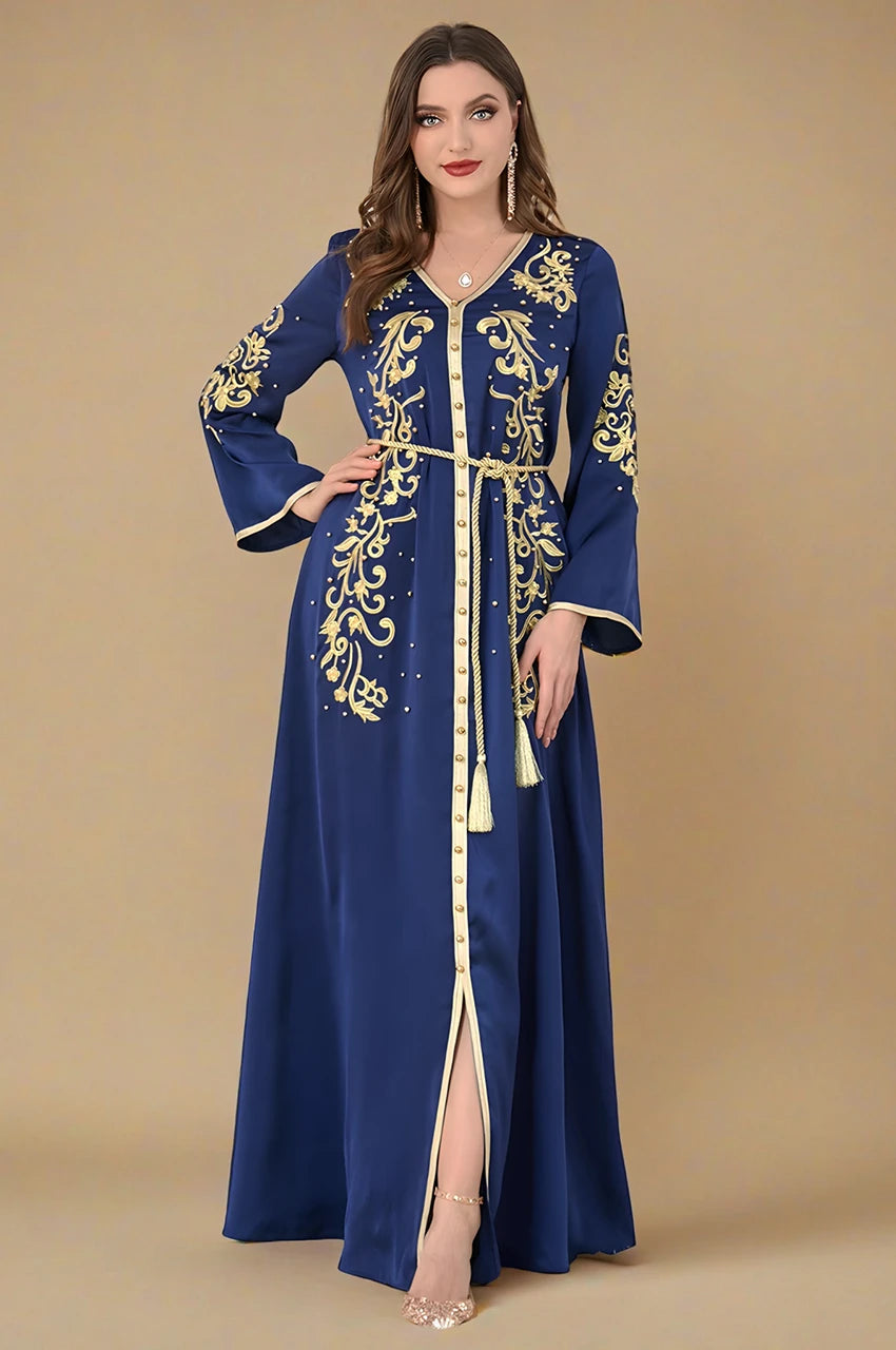 Full-length front view of Rayah blue and gold embroidered kaftan