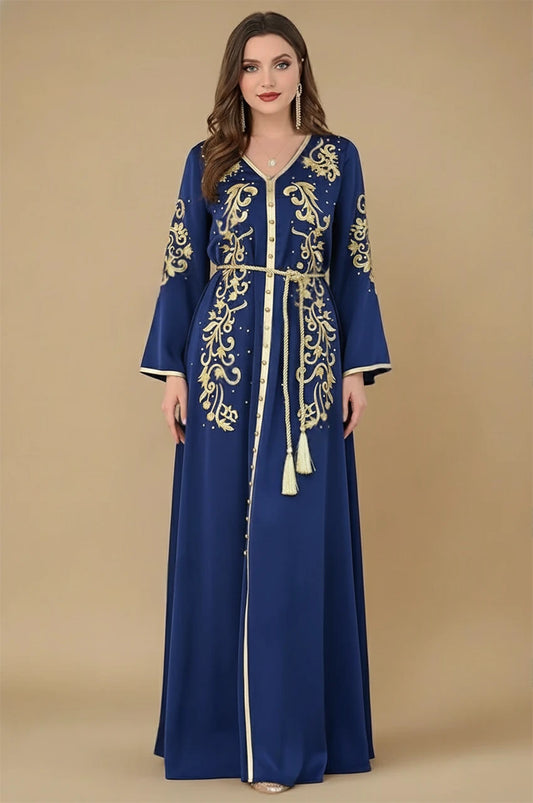 Rayah blue and gold kaftan front full length with golden detailing