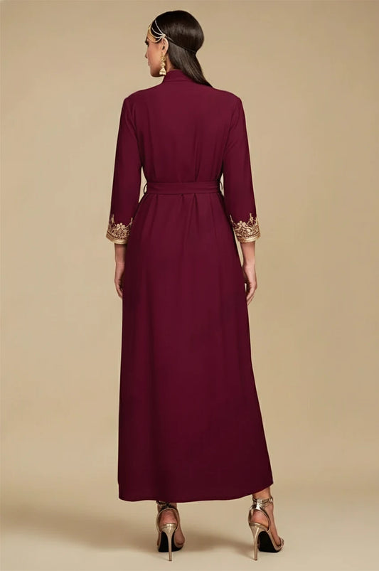 Full back view of the red chiffon kaftan dress highlighting the floor-length modest cut.
