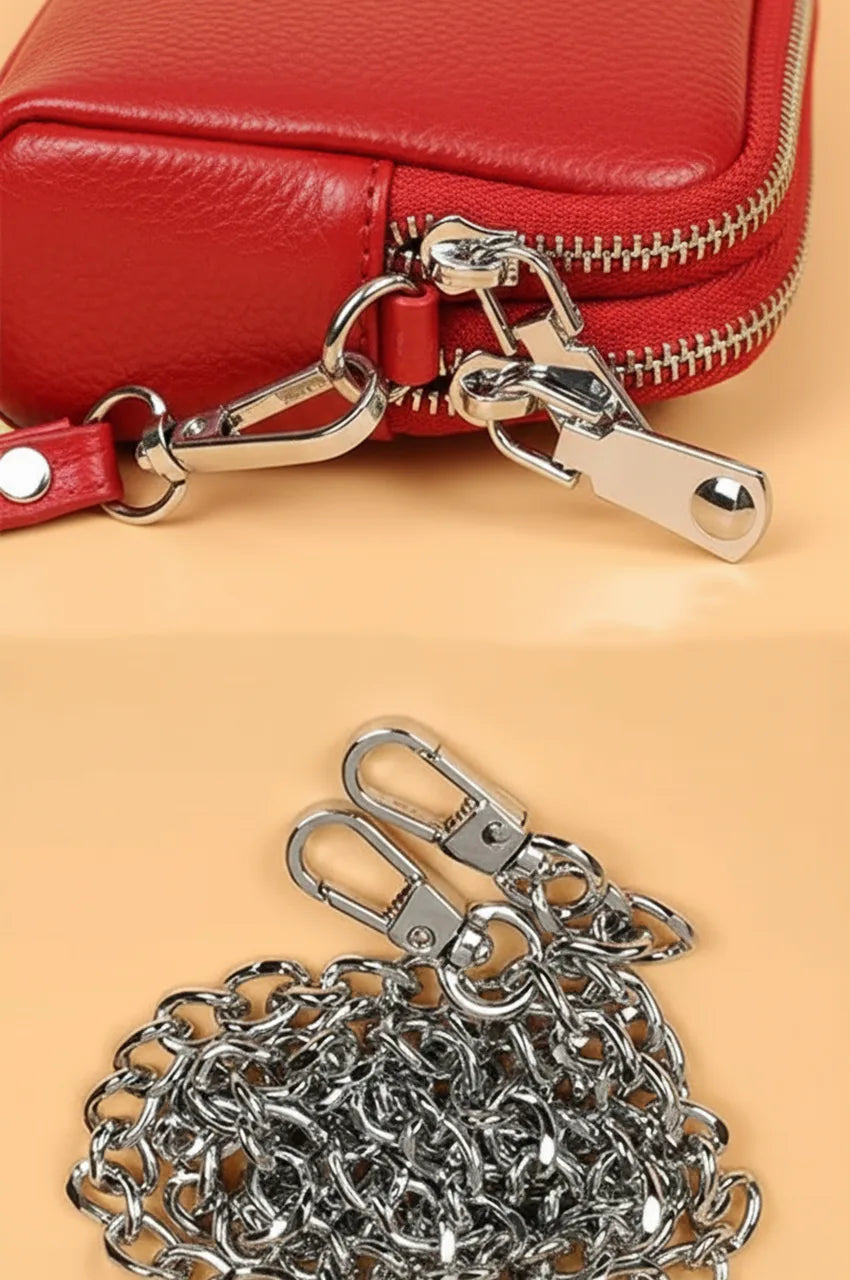 Close-up collage showing polished silver zipper pulls, metal clasps, and the detachable link chain on the red bag.