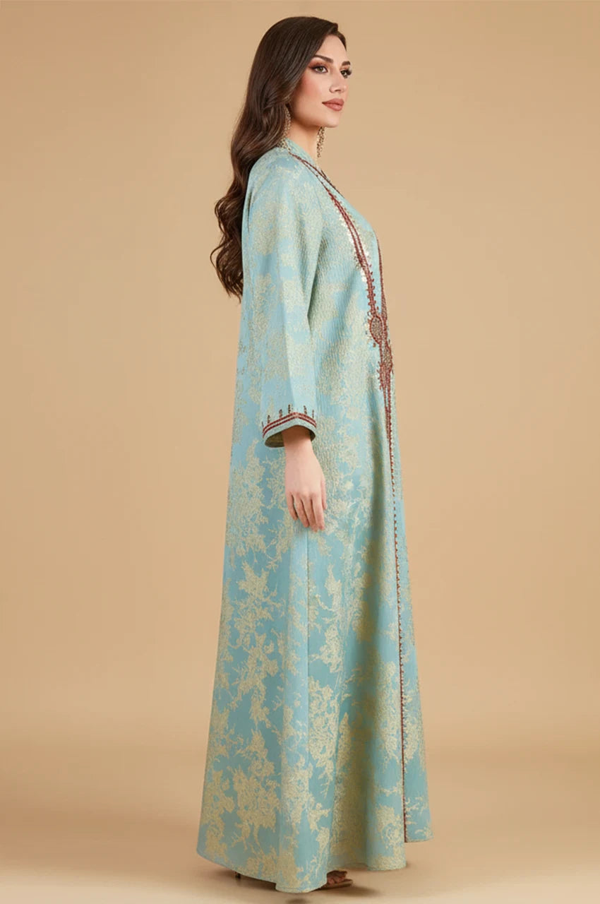 Side profile of the Riyah jacquard kaftan showing sleeve length and fabric texture.