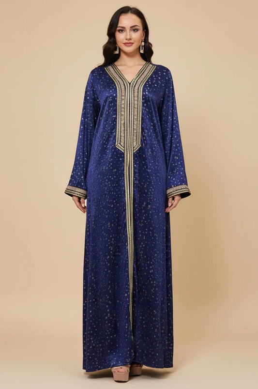Front view of Sabria Royal Blue silk velvet kaftan with gold sfifa embroidery.