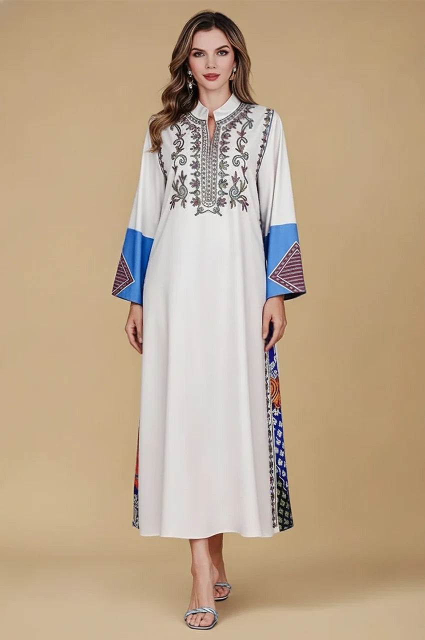 Safiya white embroidered kaftan front view with multicolor neckline and geometric sleeves