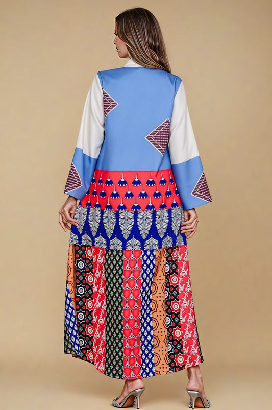 Side view of Safiya white embroidered kaftan with flowing silhouette