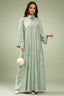Full-length front view of the Sage Green Maeli Kaftan featuring intricate silver embroidery.