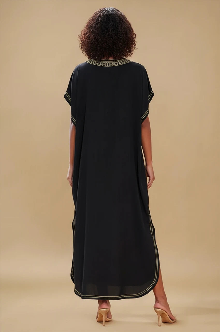 Back view of SAHIRA Black Embroidered Beach Kaftan with embroidered neckline