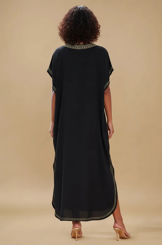 Back view of SAHIRA Black Embroidered Beach Kaftan with embroidered neckline
