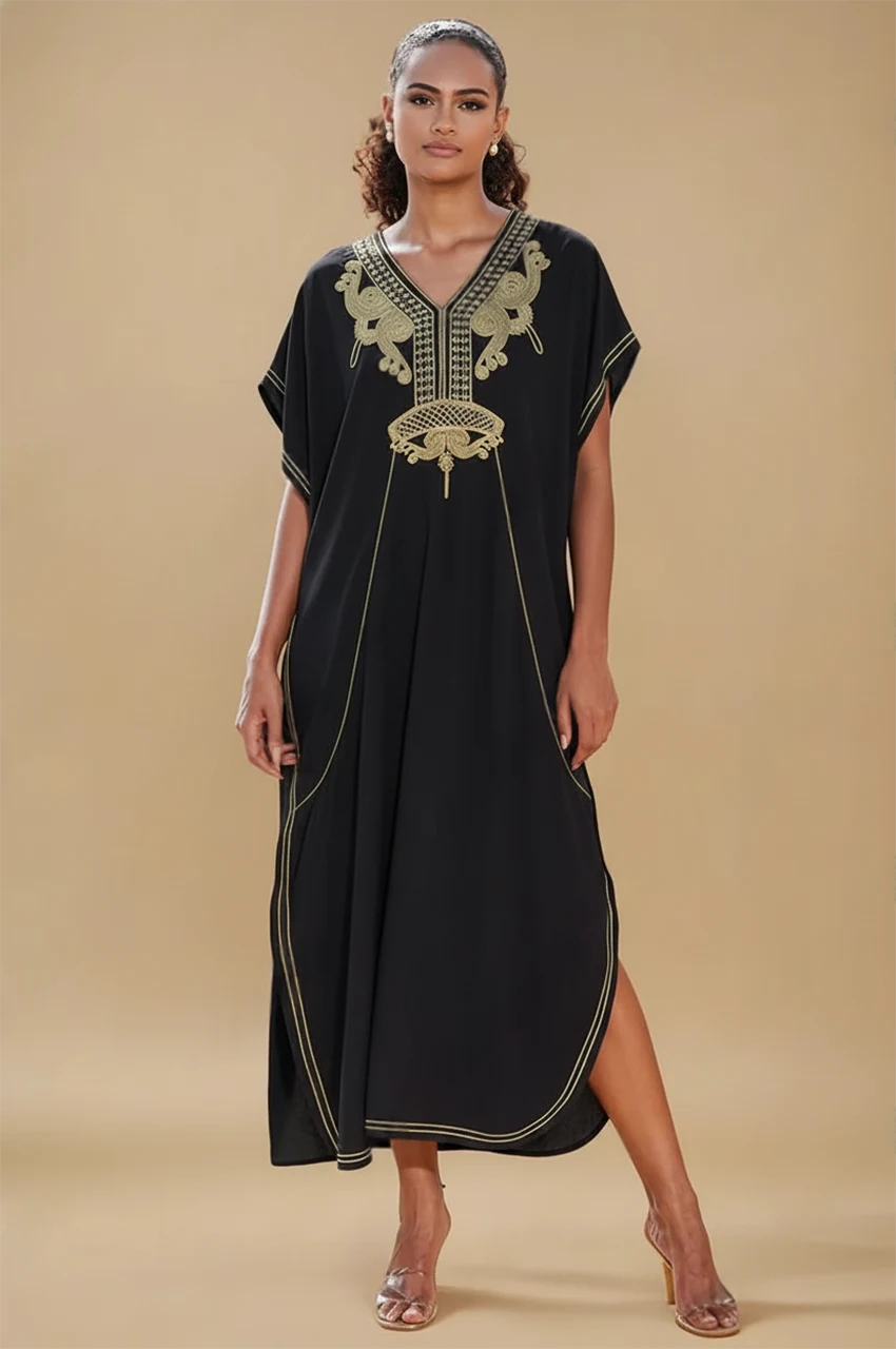 Model wearing SAHIRA Black Embroidered Beach Kaftan with gold detailing, front view