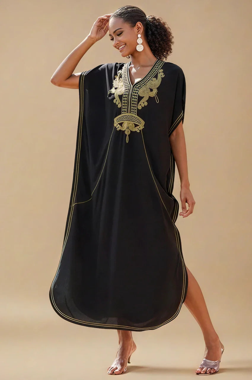 Full-length view of SAHIRA Black Embroidered Beach Kaftan showing flowing silhouette