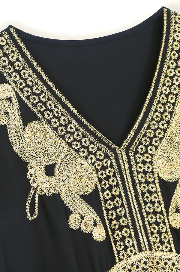 Close-up of hand embroidery on neckline of SAHIRA Black Embroidered Beach Kaftan