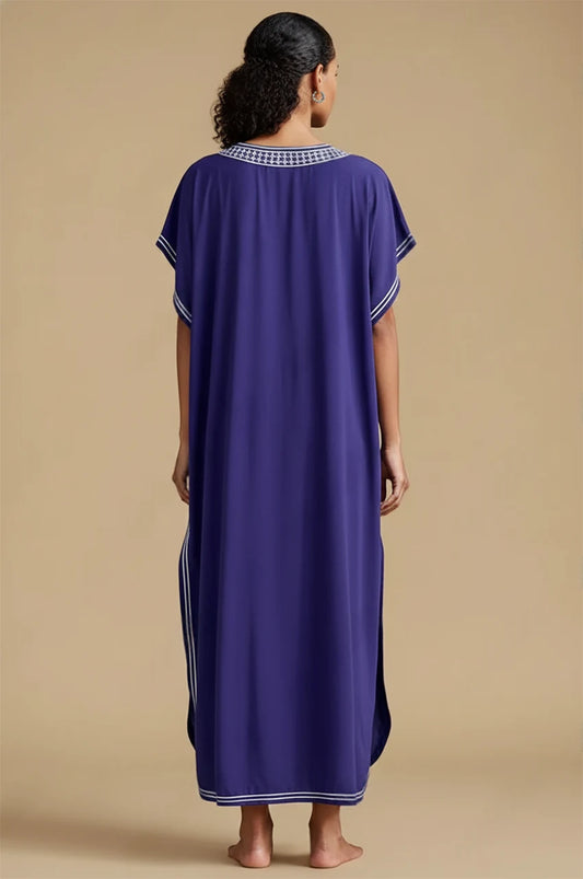 Back view of SAHIRA Blue Embroidered Beach Kaftan with embroidered neckline