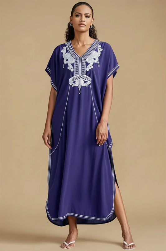 Front view of SAHIRA Blue Embroidered Beach Kaftan with white embroidery