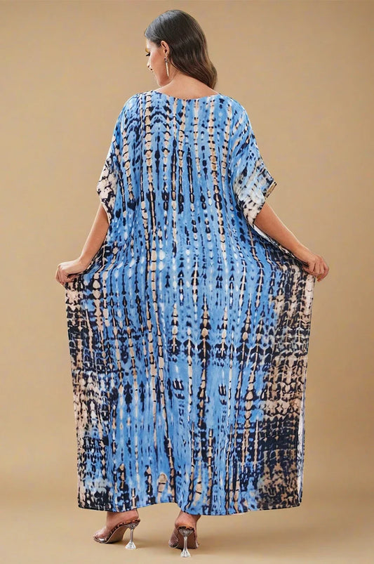 Back view of Sahra Sky Blue Tie Dye Kaftan with ocean-inspired tie-dye pattern