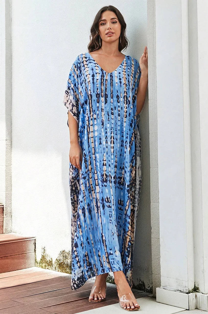 Sahra Sky Blue Tie Dye Kaftan styled outdoors showing boho-chic elegance