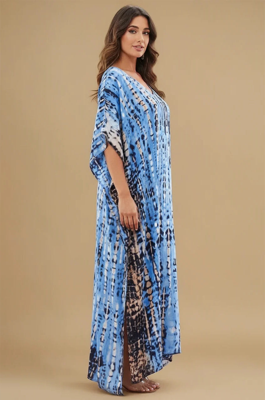 Side view of Sahra Sky Blue Tie Dye Kaftan highlighting relaxed drape and soft fabric