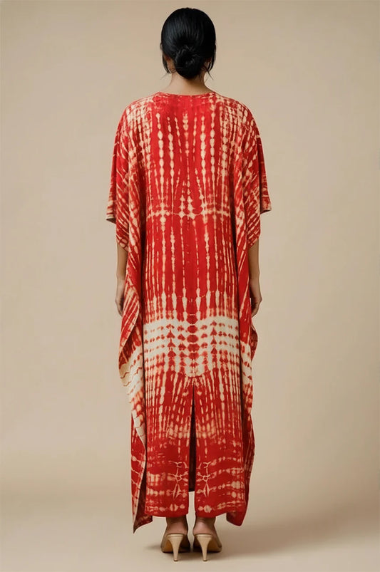 Back view of Sahra Red Tie Dye Kaftan with handcrafted tie-dye pattern in crimson tones