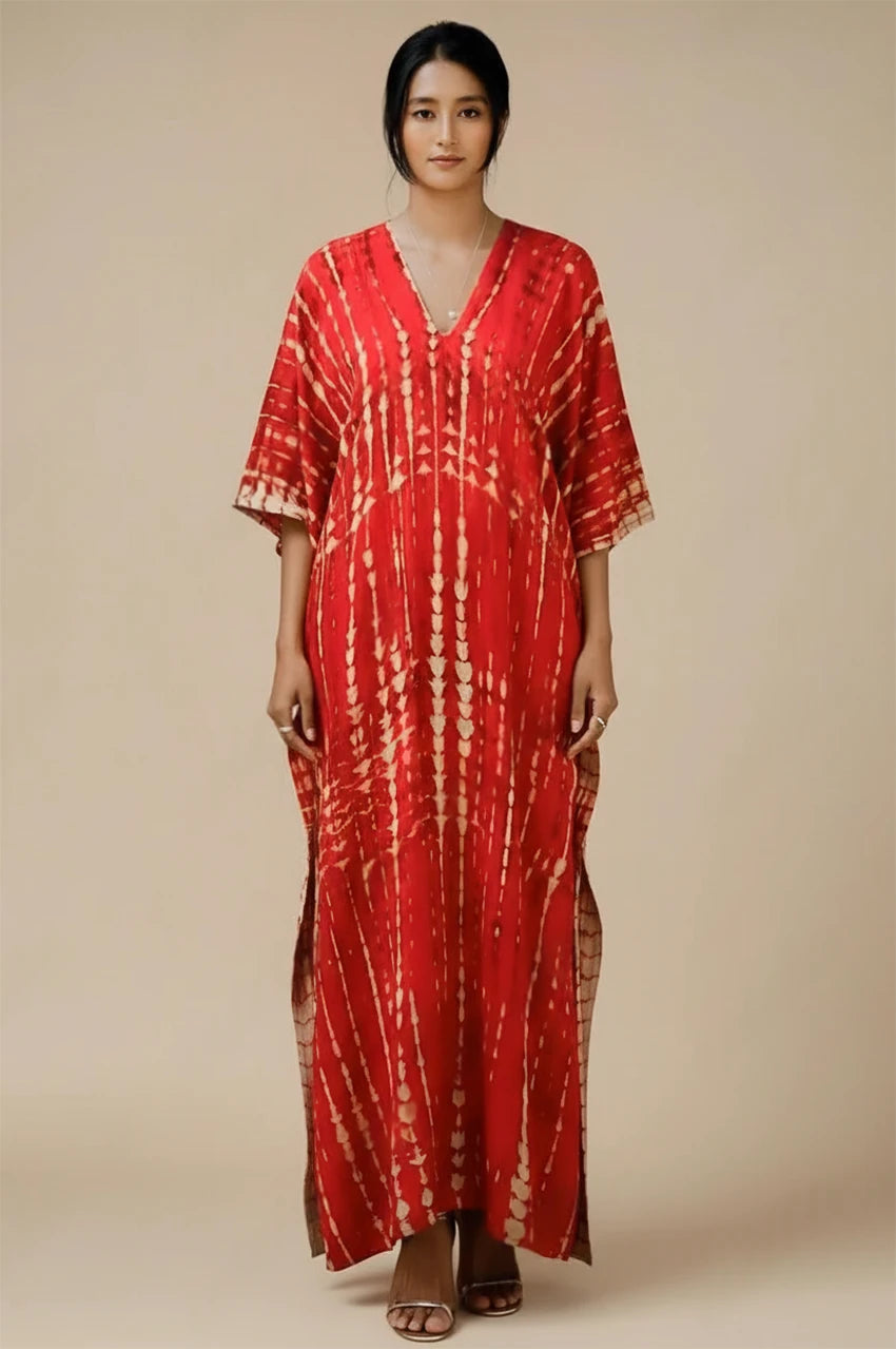 Front view of Sahra Red Tie Dye Kaftan showcasing elegant bohemian silhouette