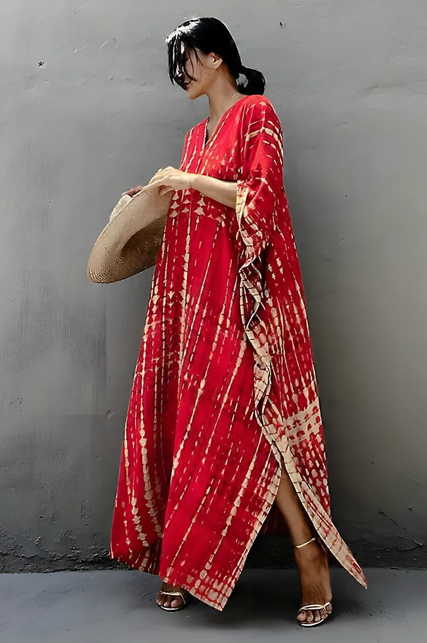 Sahra Red Tie Dye Kaftan styled outdoors with sun hat for a resort look
