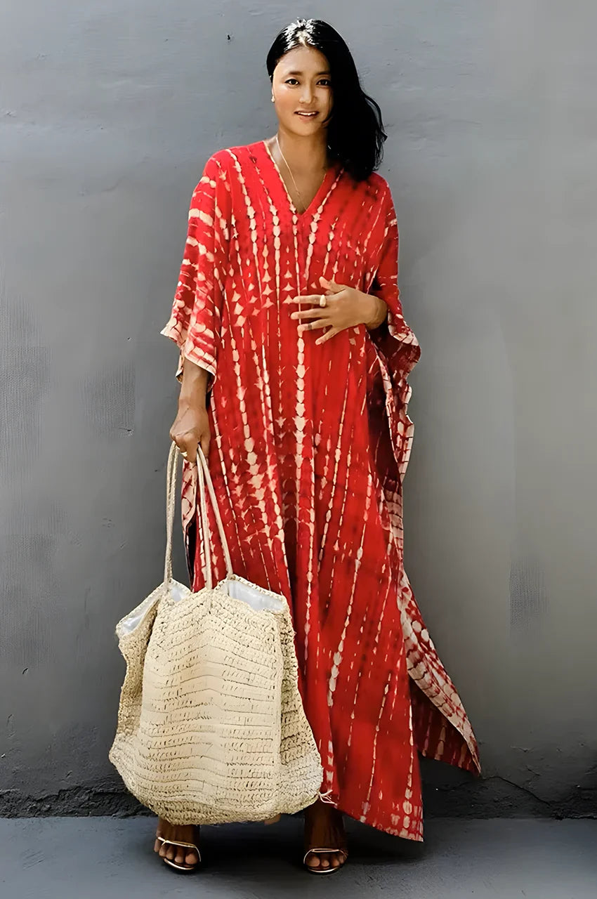 Sahra Red Tie Dye Kaftan styled outdoors with beach bag for a resort look