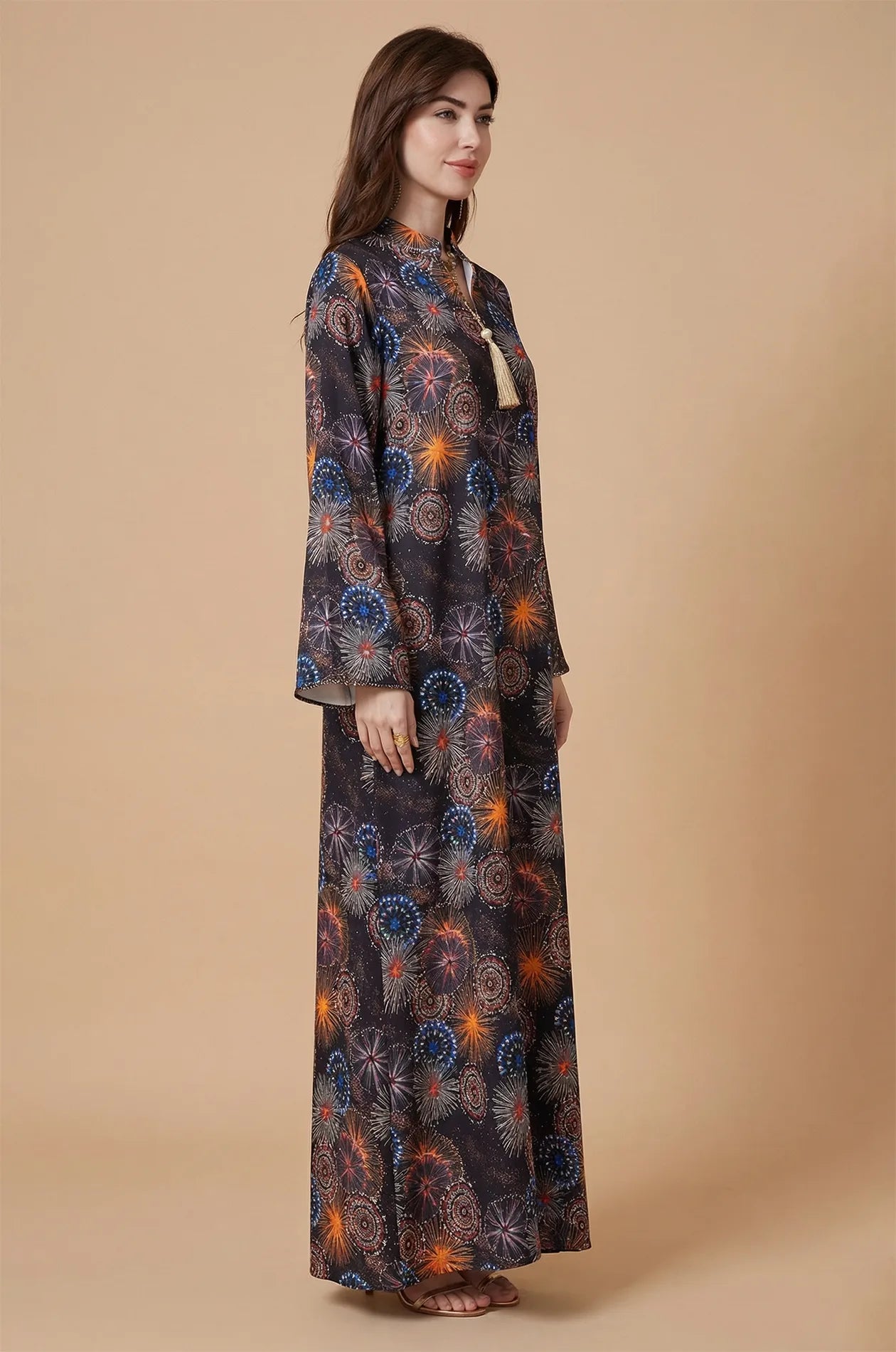 Side profile of the Samia celestial kaftan highlighting the elegant drape and long sleeves.